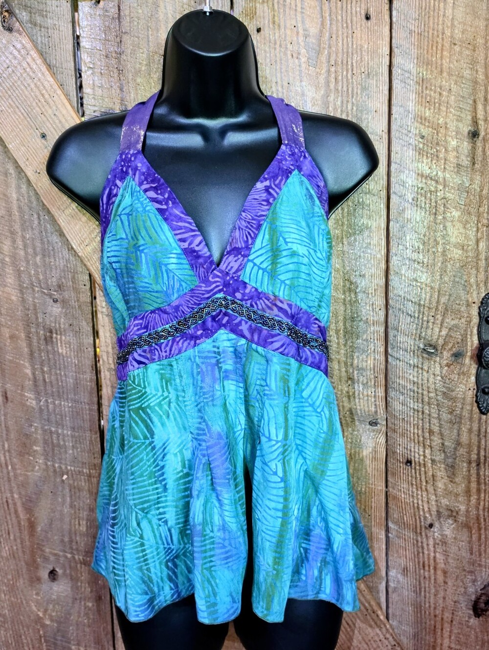 Vintage Faith Batik Halter Top Large – Boho Festival Aqua Turquoise Purple Palm